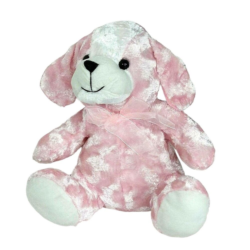 A Mart Sitting Dog Plush Toy Stuffed Animal With Bow Pink & White 9 inch